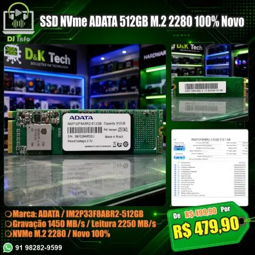 SSD NVme ADATA 512GB M.2 2280 100% Novo