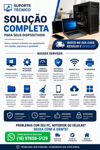 SUPORTE TÉCNICO PARA COMPUTADOR, NOTEBOOK E CELULAR A DOMICÍLIO.