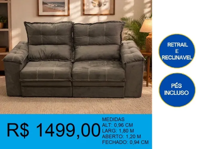 Sofá retrátil e reclinável com 1,80m - Entrega grátis 