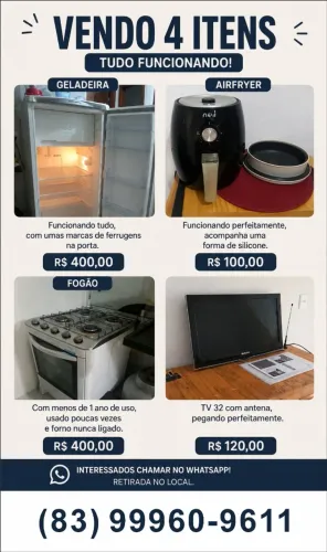 GELADEIRA, FOGÃO, AIRFRYER E TV
