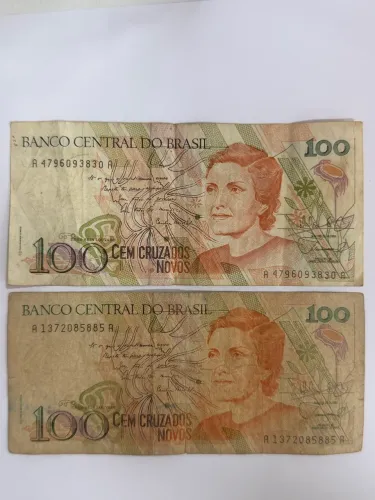 Lote com 2 Cédulas Antigas 100 Cruzados Novos - Cecília Meireles