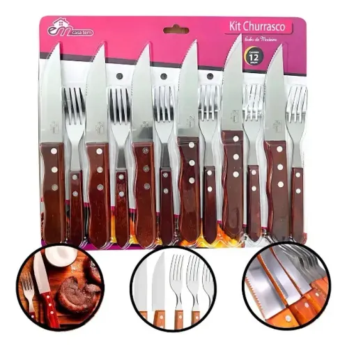 Conjunto De Talheres 12 Pçs Em Casa Tem Para Churrasco Jumbo Garfo Faca Marrom