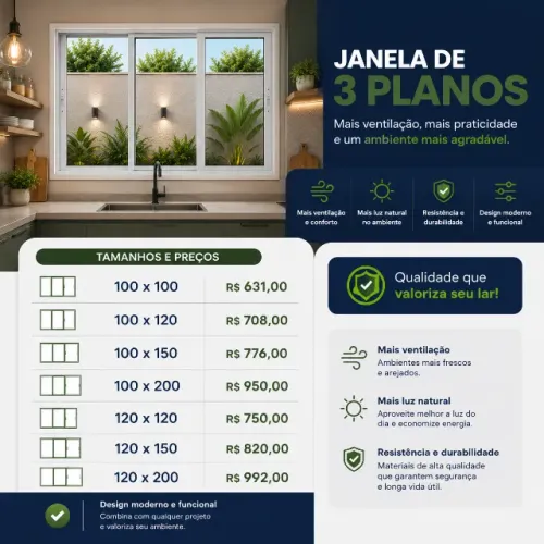 Janela de Alumínio Branca 3 planos linha premium direto da fabrica