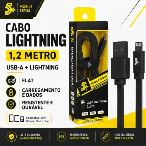 Cabo Lightning USB-A Macho Flat 1,20m Para iPhone iPad Preto Mobile Carregamento e Dados