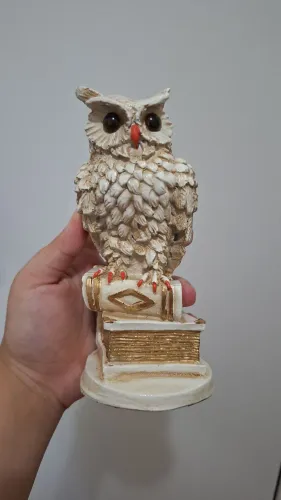 Decoração em gesso de coruja com livros 