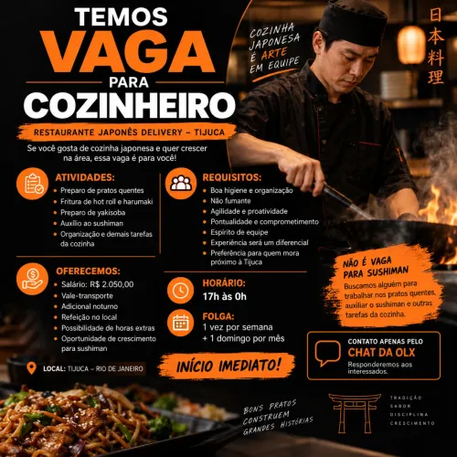 Vaga de cozinheiro em restaurante japonês