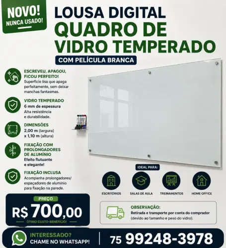 Lousa Digital / Quadro de Vidro Temperado 2,00 x 1,10 m - Nova Nunca Usada