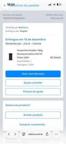 TANQUINHO SEMIAUTOMÁTICO 10KG PRETO