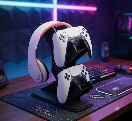 SUPORTE ORGANIZADOR GAMER MESA PORTA 2 CONTROLES E FONE HEADSET MDF