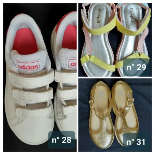Tênis Adidas (n. 28), Sandália Melissa (n. 31), Sandália Pampili (n. 29)