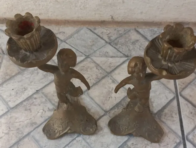 Par Estátuas antigas estatuetas bronze latão metal amarelo decoração enfeite antiguidade 