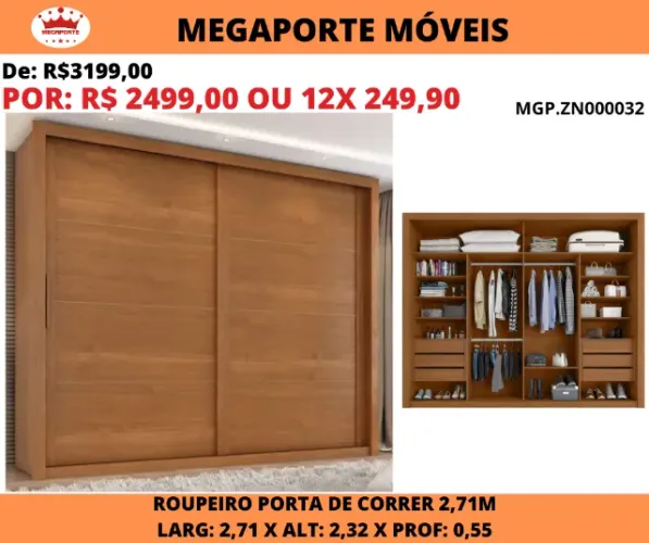 Guarda Roupa Casal Portas de Correr 2,71 com 6 Gavetas