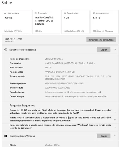 PC Gamer i5 10400F | GTX 1650 4GB | 16GB RAM | SSD 240GB + HD 1TB | Pronto para Jogar