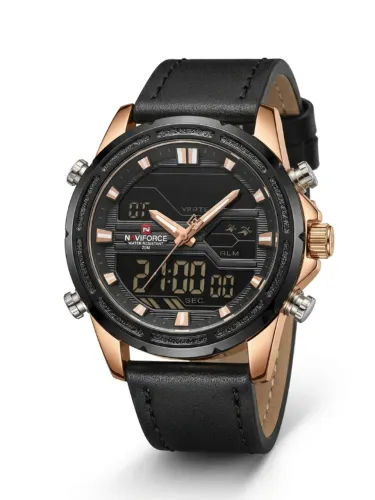 Relógio Naviforce Original Masculino Black Gold Couro Analógico Digital