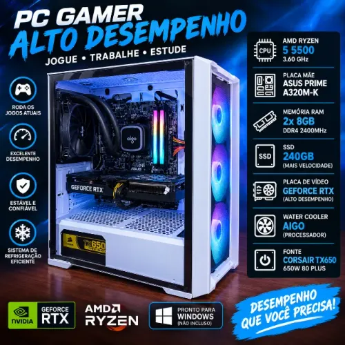 PC GAMER COMPLETO - RYZEN 5 5500 + RTX 3060 Ti 8GB + 32GB RAM