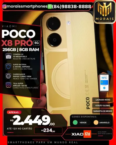 (PROMOÇÃO) Poco X8 Pró - 256GB | 8GB RAM - Verde, Amarelo - GARANTIA 03 MESES