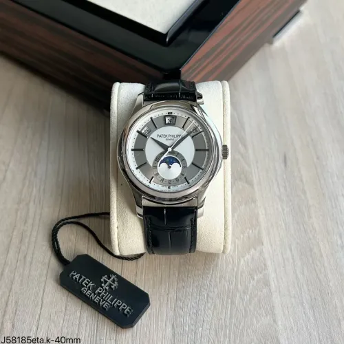 Relógio Patek Philippe Pepetuo ETA S/c -PULSEIRA PRETA E FUNDO BRANCO COM CINZA