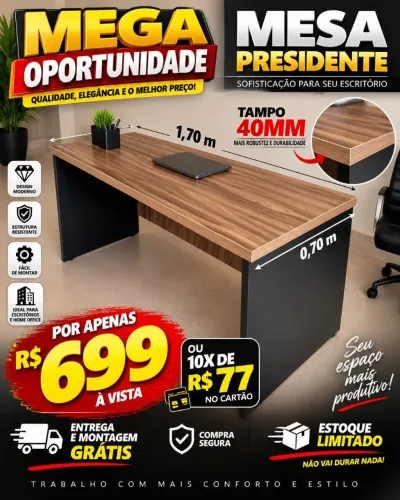 Mesa Presidente 1,70m Tampo 40mm Entrega e Montagem Grátis<br>