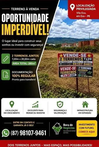  2 Terrenos 7x20 (140 m² cada) - Vila Exu | R$ 40 mil cada
