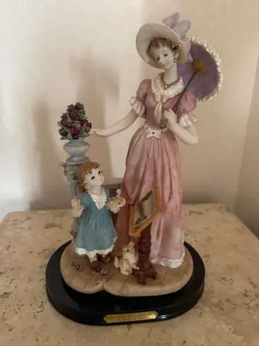 Estatueta de Resina no Estilo Vitoriano. Montefiori Collection.Base de Madeira.