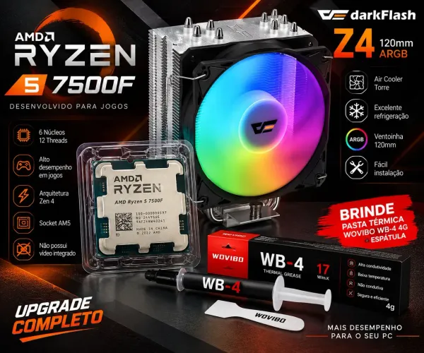 Ryzen 5 7500F + Cooler Darkflash Z4 + Pasta Térmica de Brinde