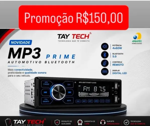 Auto Radio Mp3 60w Bluetooth 2 Usb Carregamento Rapido Celular Painel Digital Som Toca Cd