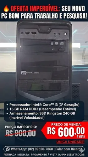 PC Desktop Completo - Intel Core i3 / 16GB RAM / SSD 240GB - Ótimo para Trabalho e Estudos