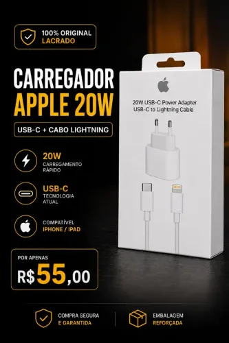 ? Carregador Apple 20W Original + Cabo Lightning por R$ 55,00!