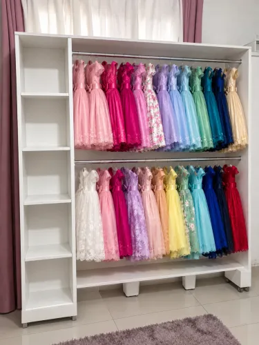 Closet com cabideiro duplo e prateleiras, madeira maciça com rodinhas 