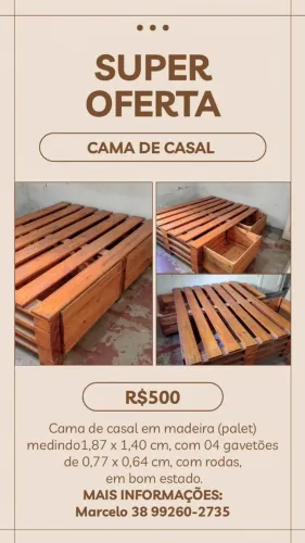 Cama de casal em madeira (palet) medindo1,87 x 1,40 cm, com 04 gavetões de 0,77 x 0,64 cm,