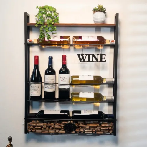 Adega decorativa, suporte de garrafas de vinho com porta-rolhas