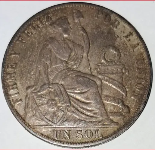 Moeda Peru 1 Sol 1890 Prata .900 - MBC com Linda Pátina Original de Época