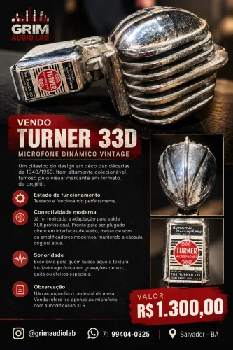 Microfone Vintage Turner 33D (Década de 40/50) - Com XLR!