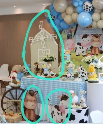 Painel com moinho para festa fazendinha, 1 display de vaquinha e 1 display de cavalo