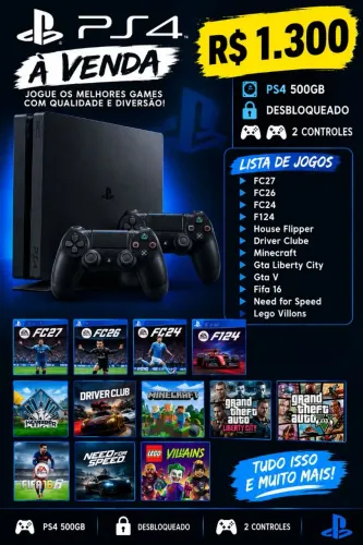 PS4 Desbloqueado 500GB + 2 Controles + 13 Jogos - R$ 1.300 ?