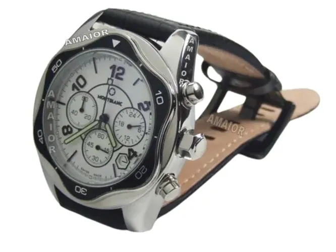 Relogio Montblanc Branco Preto Caixa Aço Pulseira Couro Preta 44mm