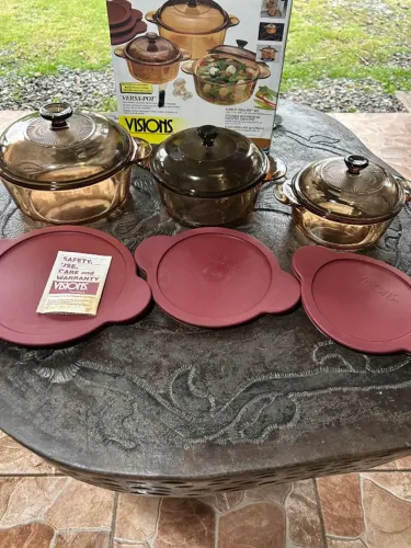 Conjunto de panelas de vidro amber visions 9 pcs novo vintage versa-pot original USA