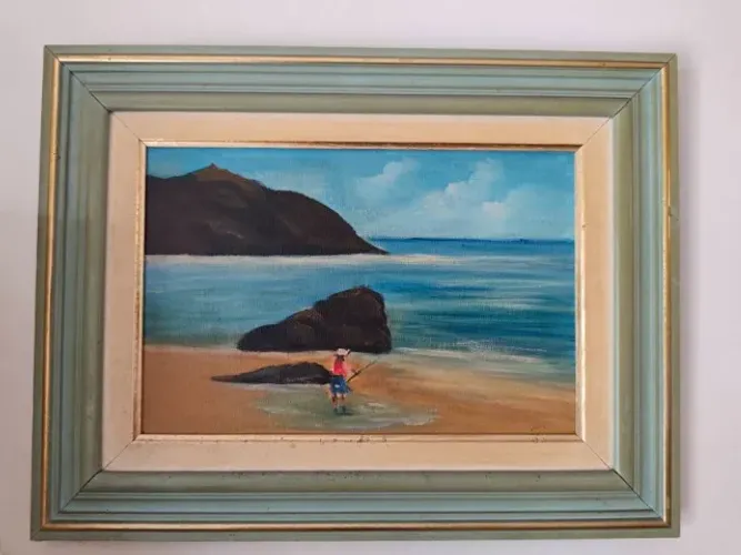 Quadro Marinha Vintage - Pescador na Praia - 42,5 x 33 cm - Moldura de Madeira