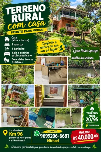 Casa em terreno rural com igarapé