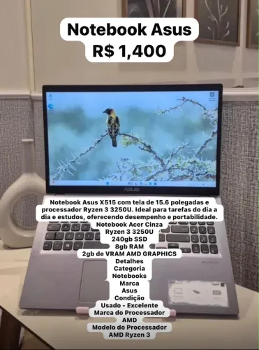 Notebook Asus X515 com tela de 15.6 polegadas e processador Ryzen 3 3250U.