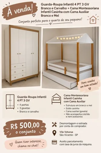 Conjunto Infantil: Guarda-Roupa 4 Portas + Cama Casinha Montessori com Auxiliar