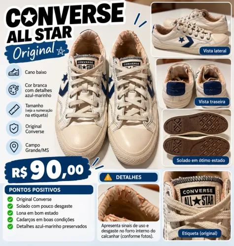 Tênis Converse All Star Original Branco e Azul Cano Baixo