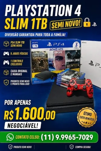 Vendo um PLAYSTATION 4 1 TB semi novo na caixa e acompanha 5 CD.