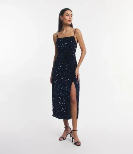 Vestido Midi em Paetê Metalizado com Decote nas Costas e Fenda NOVO