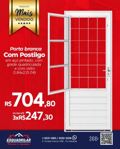 Porta Branca com Postigo Grade e Vidro 84x215