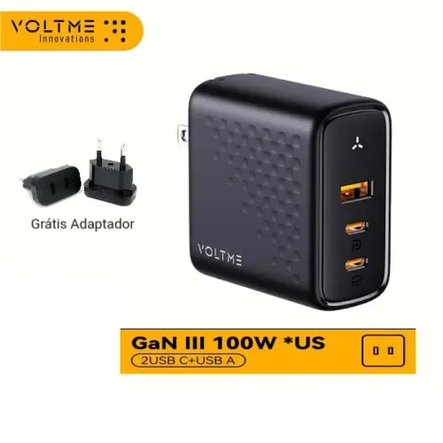 Carregador Rápido 100W GaN 3 - 2 USB-C +  1 USB A - VoltMe - LACRADO<br>