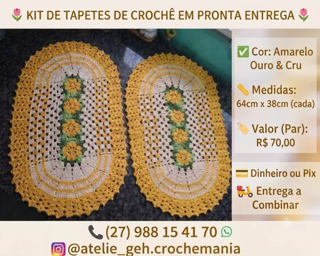 Par de tapete crochê kit 2 peças parzinho de tapete quarto cozinha e banheiro