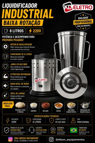 Liquidificador industrial 8 litros baixa rotação 