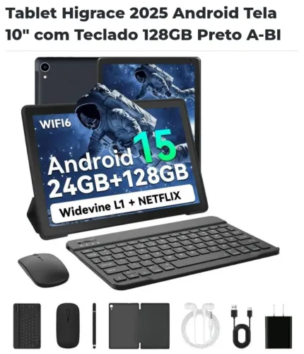 Tablet Higrace 2025 Android Tela 10" com Teclado 128GB Preto A-BI