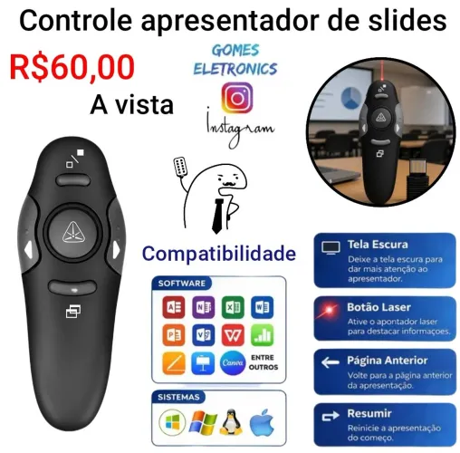 Controle passador de Slides - Para Apresentações aulas Reuniões - com laiser